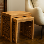 Hand-Carved Solid Mango Wood Nested Side Tables – Set of 2