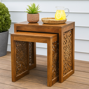 Hand-Carved Solid Mango Wood Nested Side Tables – Set of 2