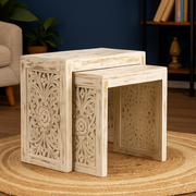 Hand-Carved Solid Mango Wood Nested Side Tables – Set of 2