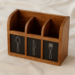 Handcrafted Mango Wood Cutlery Holder – 3-Compartment Kitchen & Dining Organizer