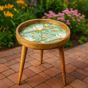 Handmade Green Floral Mango Wood Side Table with Detachable Legs