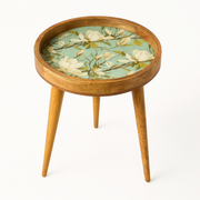 Handmade Green Floral Mango Wood Side Table with Detachable Legs