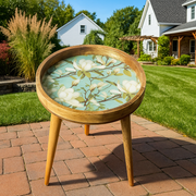 Handmade Green Floral Mango Wood Side Table with Detachable Legs