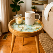 Handmade Green Floral Mango Wood Side Table with Detachable Legs