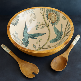Handmade Mango Wood Hummingbird Flower Design Salad Medium Bowl Set with Spoons