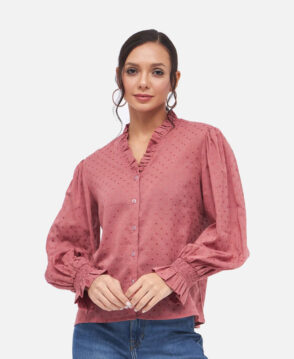 Womens Self Design Long Sleeve Neck Pink Top