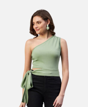 Pista Green Colour One Shoulder Solid Top For Women