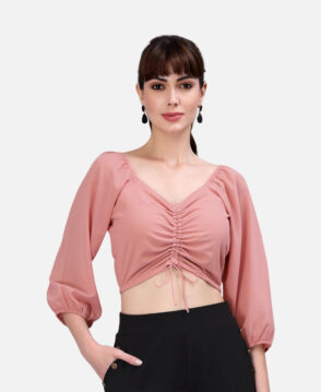 Peach Coloured Ruched Tie-Front New Crop Top