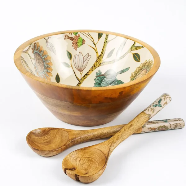Handmade Mango Wood Hummingbird & Flower Design Salad Bowl Set with Spoons - Medium - 10 Inches