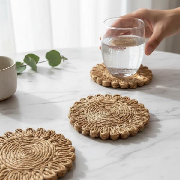 Handwoven Jute Coasters Set | Rustic Natural Drink Coasters